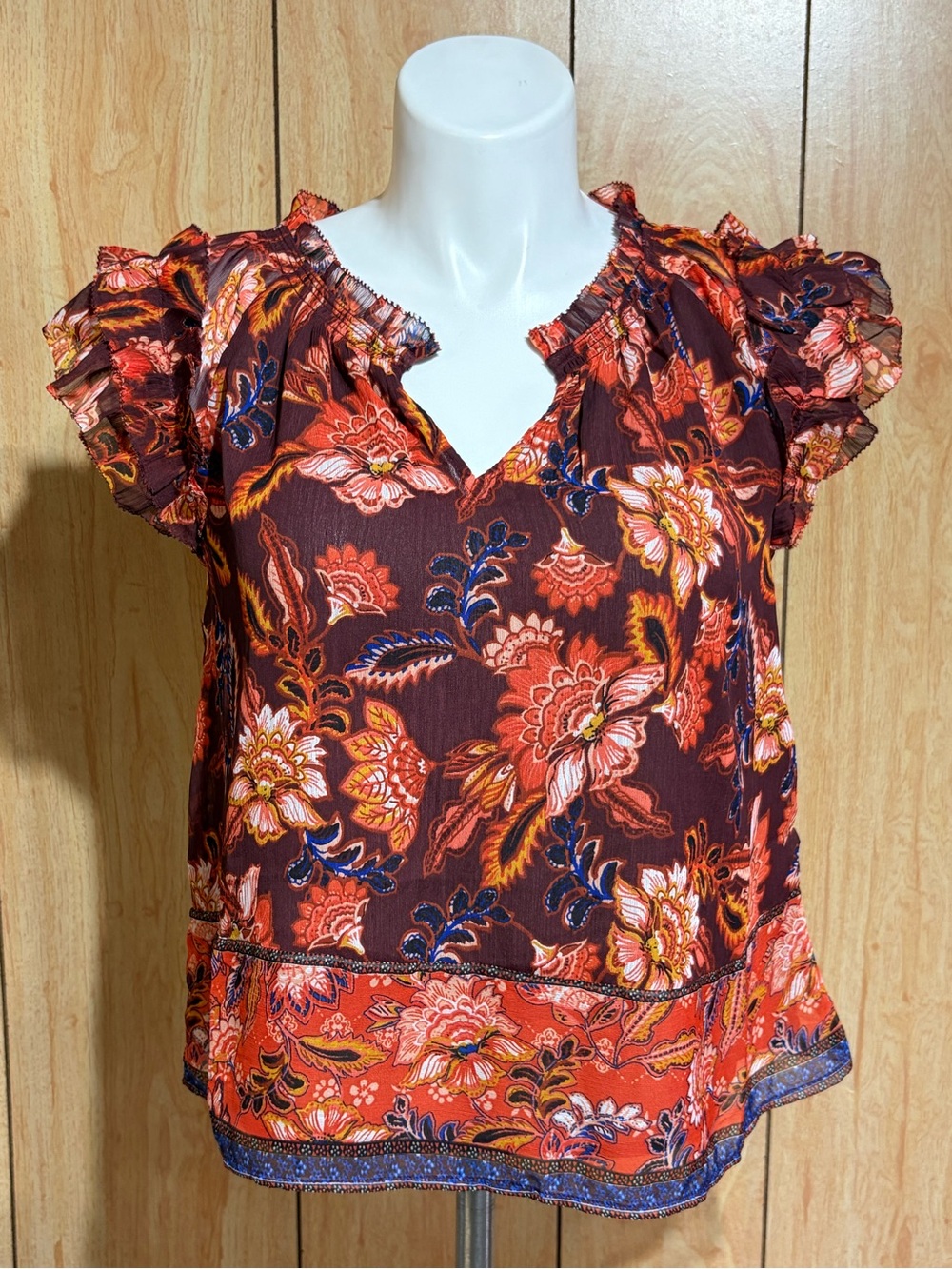 Old Navy Boho Floral Ruffle Sleeve Blouse - Brown/Orange SZ - M
